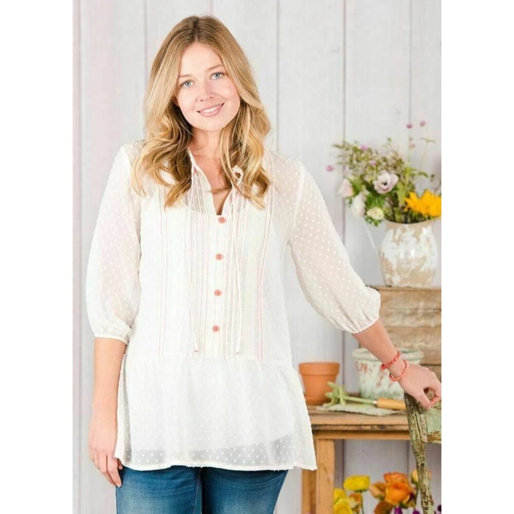 Matilda Jane Light the Way White Pink Sheer Lace Blouse M Boho Tunic Top EUC